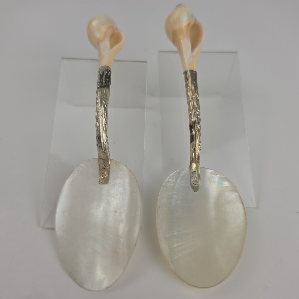Vintage Mother of Pearl Caviar Serving Spoons Natural Whelk Shell Handle Set 2